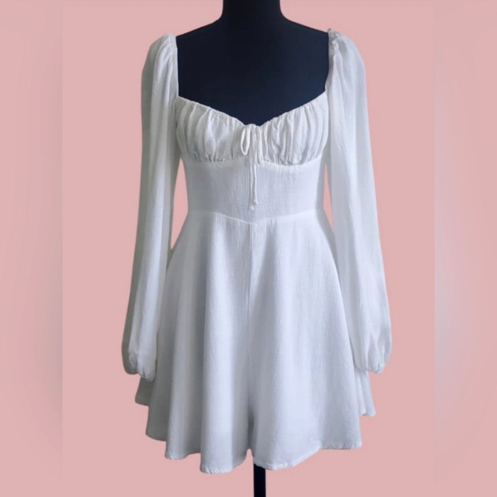 Princess Polly White Bishop Sleeves Romper Shorts Jumper Linen Peasant Flowy